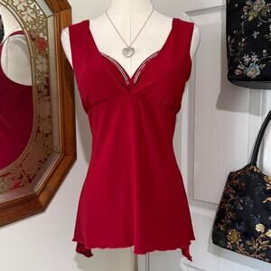 VTG Y2K MKM Designs Romantic Red & Silver Rhinestone Shark Bite Hem V Neck Top